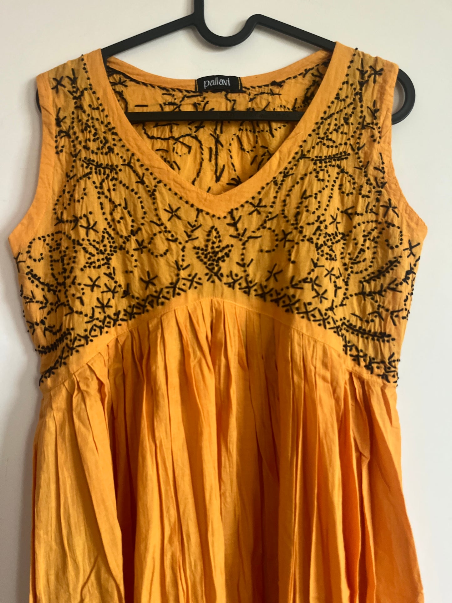 Sleeveless Aliya cut dress (with work on front and back)- Black knots on Mustard Yellow