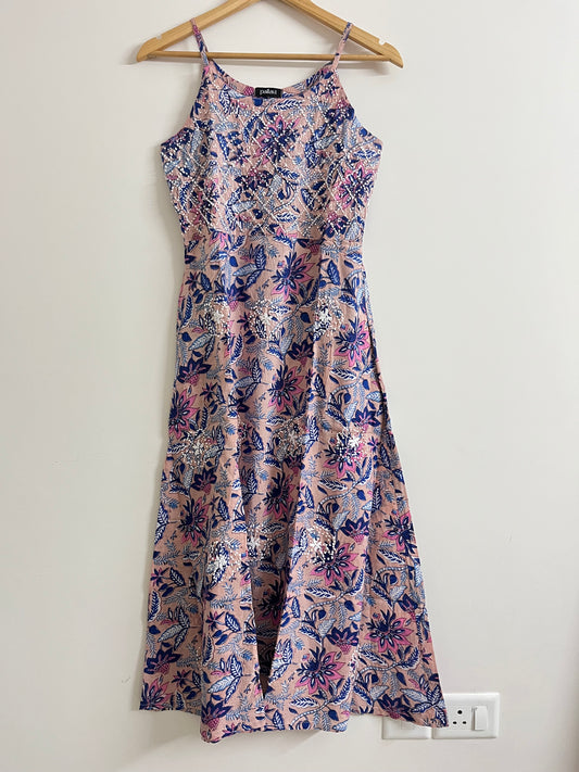 Sleeveless A-line Dress - Floral Peach Blue