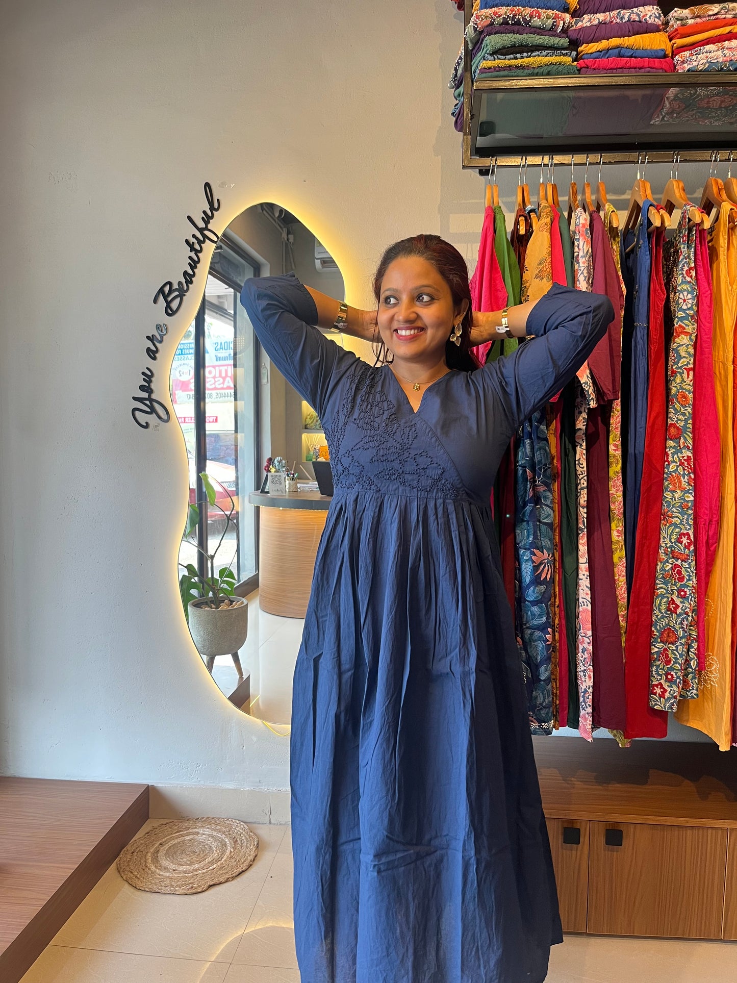 Pleated Angrakha dress - Navy blue