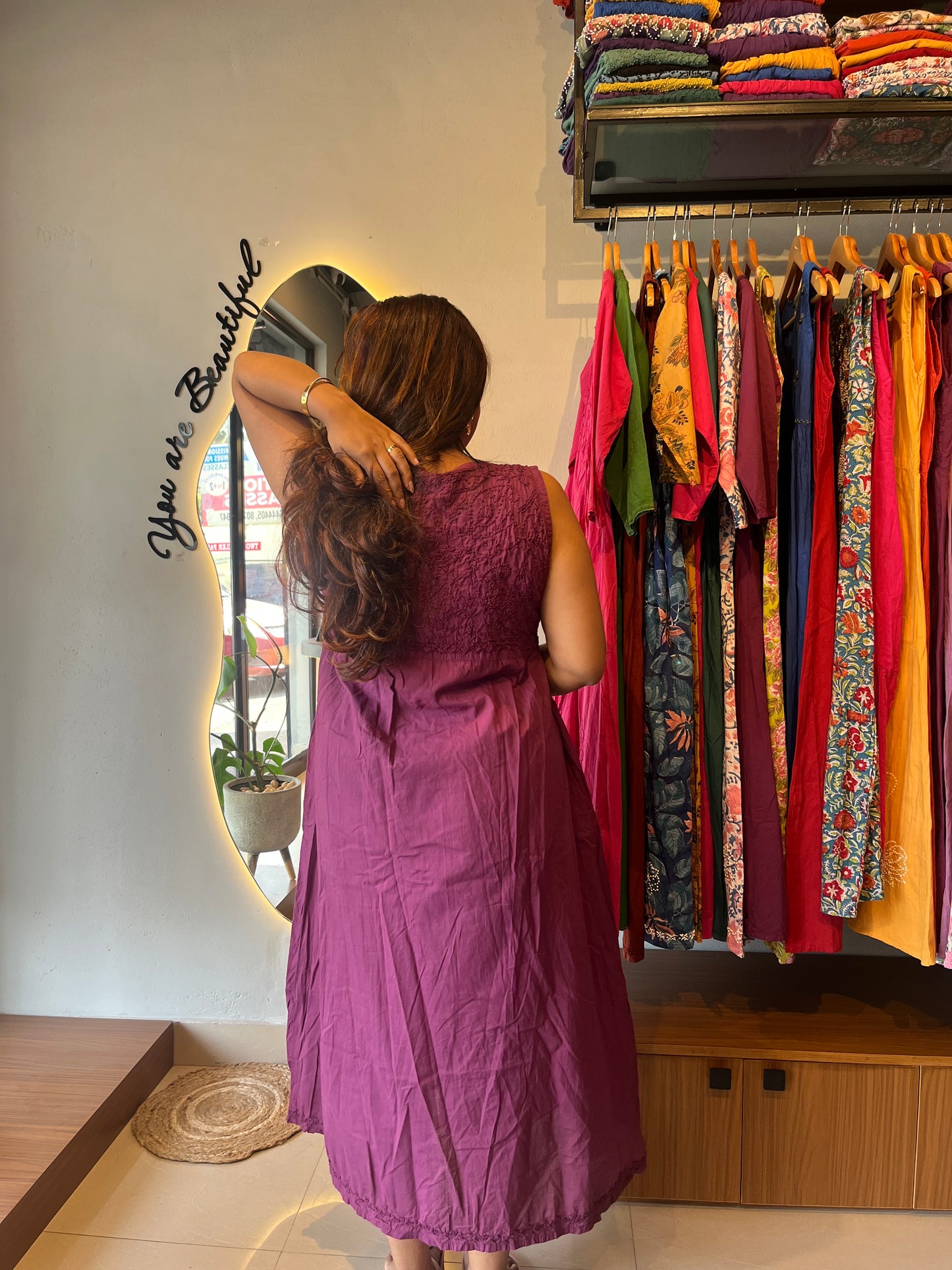 Sleeveless Aliya cut dress - Wine (with work on front and back)