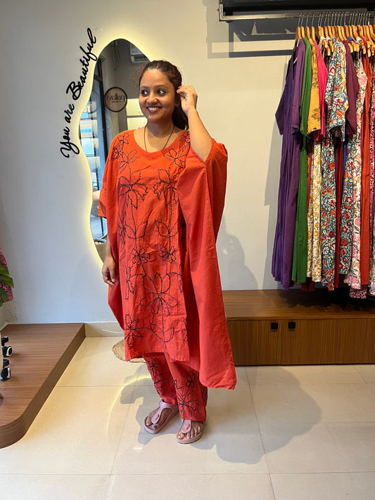 Kaftan top and pant - Black knots on Rust Orange