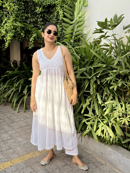 Sleeveless Aliya cut Dress (with work on front and back) and pant PRE-ORDER - White