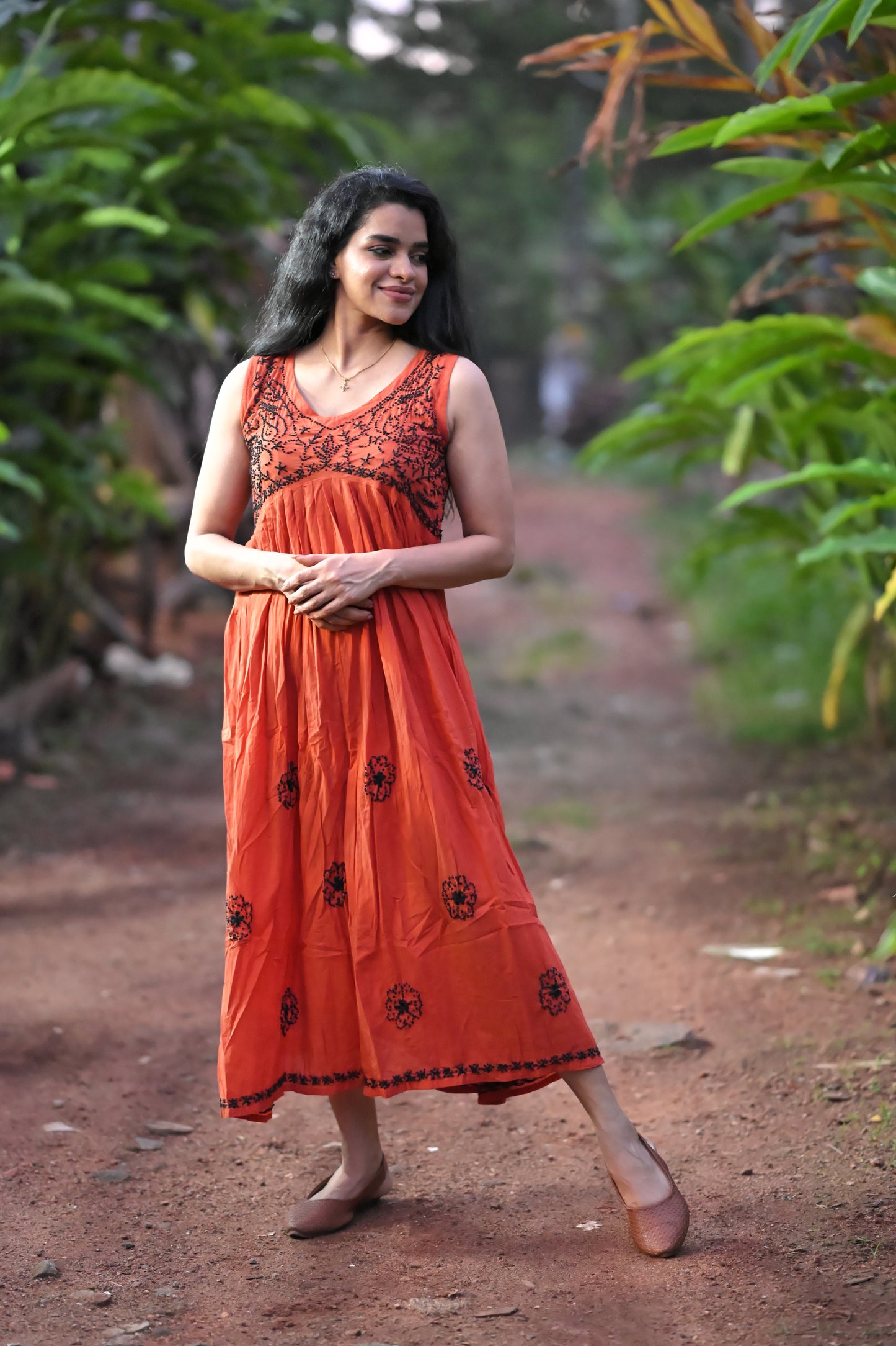 Sleeveless Aliya cut dress PRE-ORDER -Black knots on Dark Rust Orange (with work on front and back)