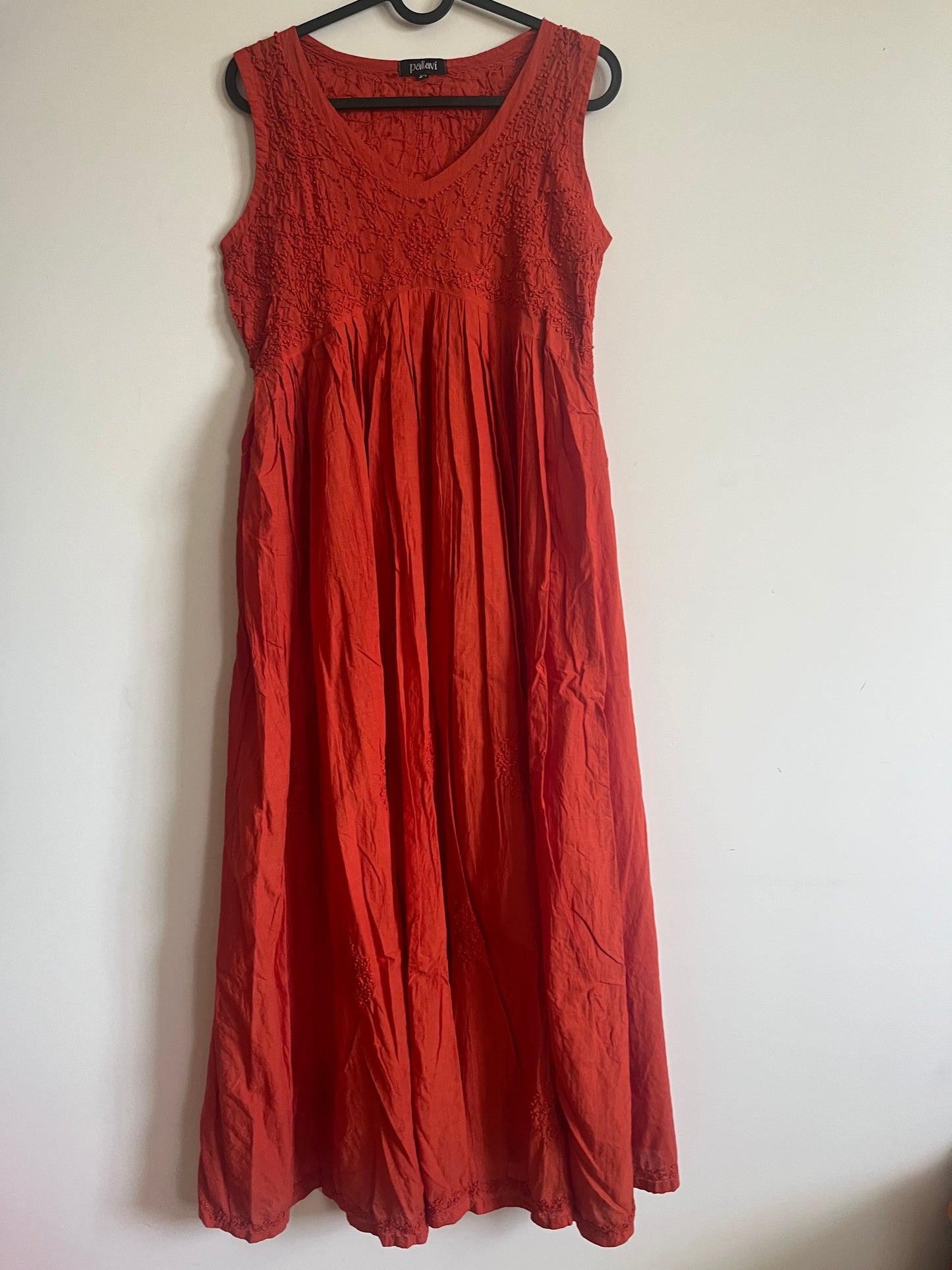 Sleeveless Aliya cut dress -Dark Rust Orange (with work on front and back)