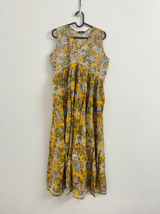 Aliya Cut Sleeveless (with work on front and back) - Floral Yellow Green