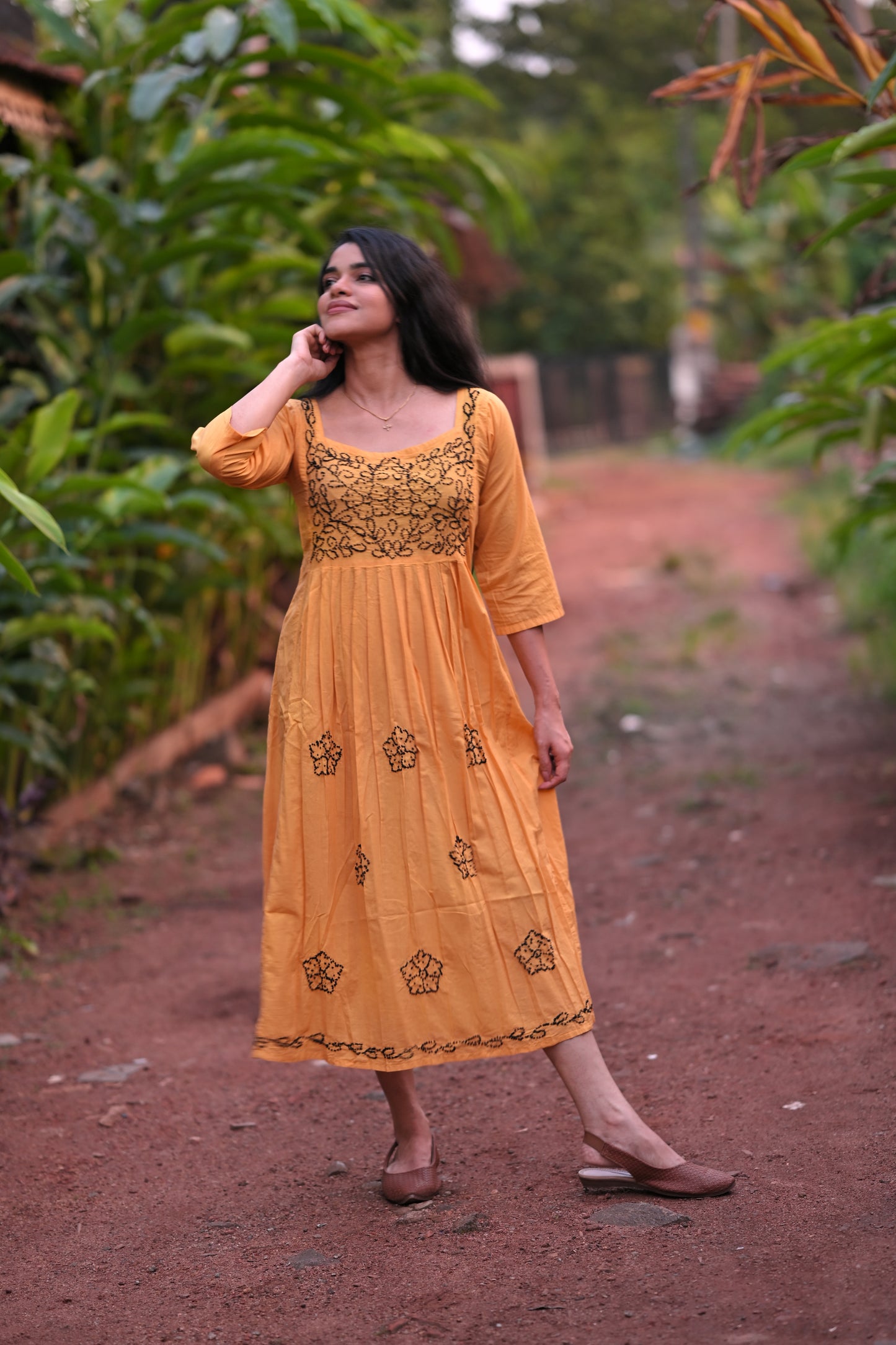 Pleated dress PRE-ORDER -Black knots on Mustard Yellow