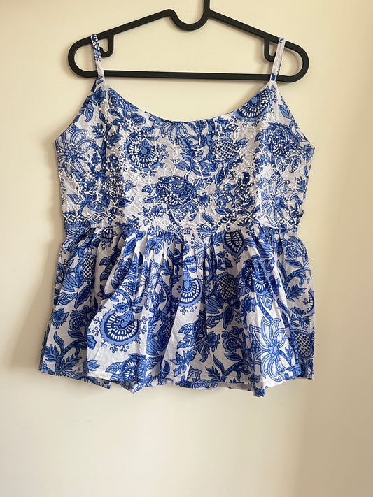 Flared Short Top PRE-ORDER - Floral White Blue