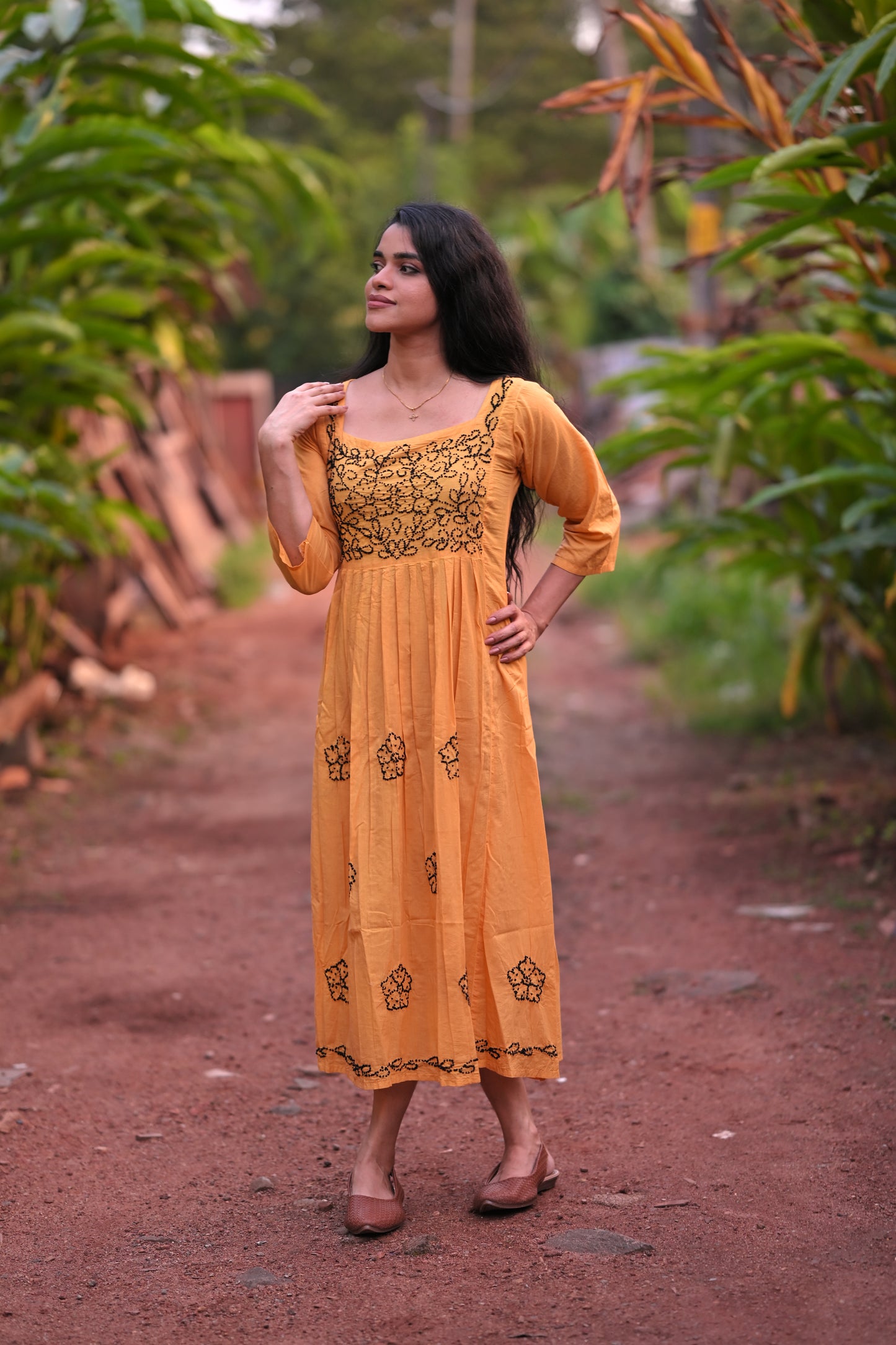 Pleated dress PRE-ORDER -Black knots on Mustard Yellow