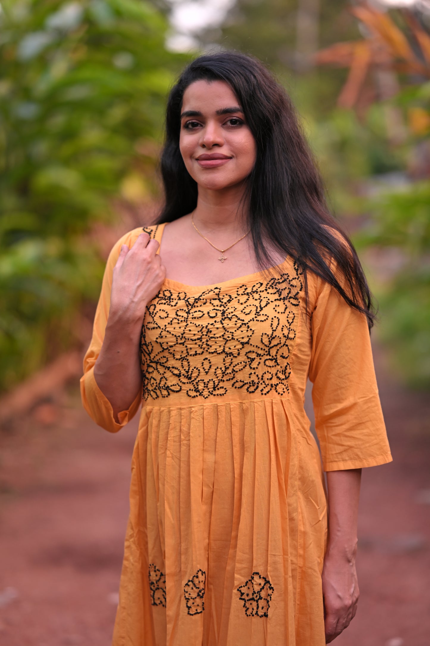 Pleated dress PRE-ORDER -Black knots on Mustard Yellow