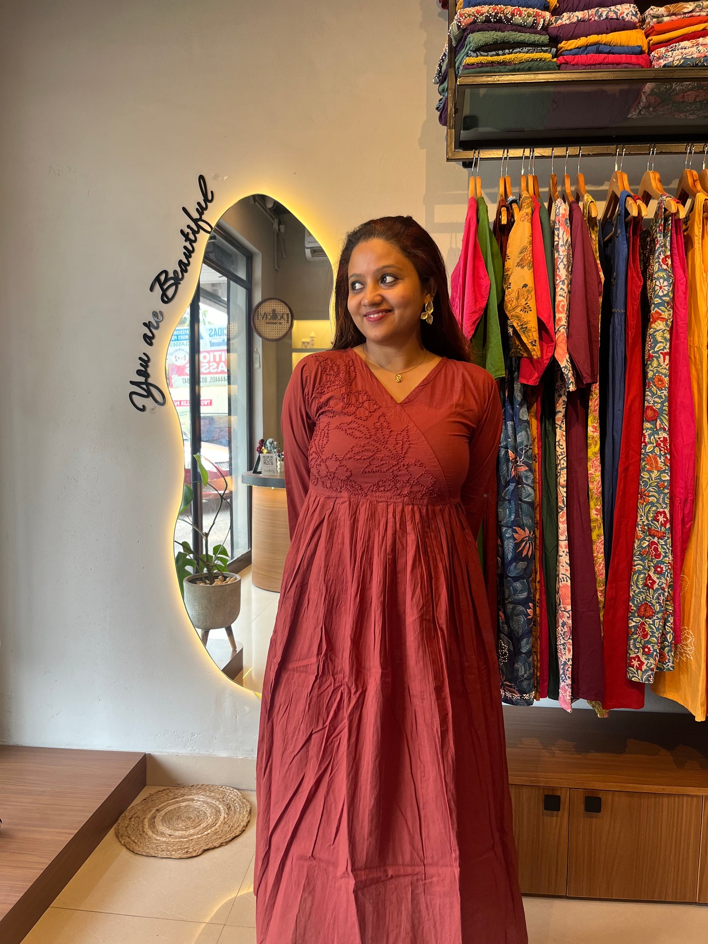 Pleated Angrakha dress - Cinnamon Brown