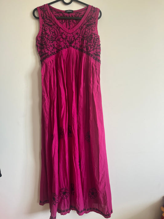 Sleeveless Aliya cut dress -Black knots on Hot Pink (with work on front and back)