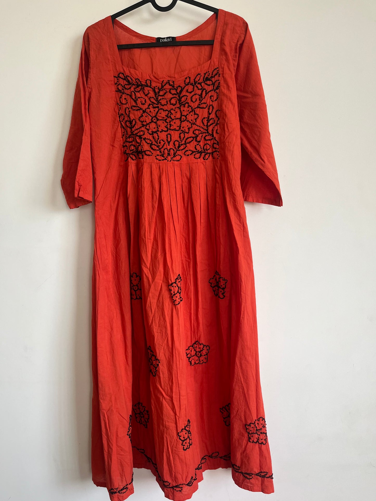 Pleated dress -Black knots on Dark Rust Orange