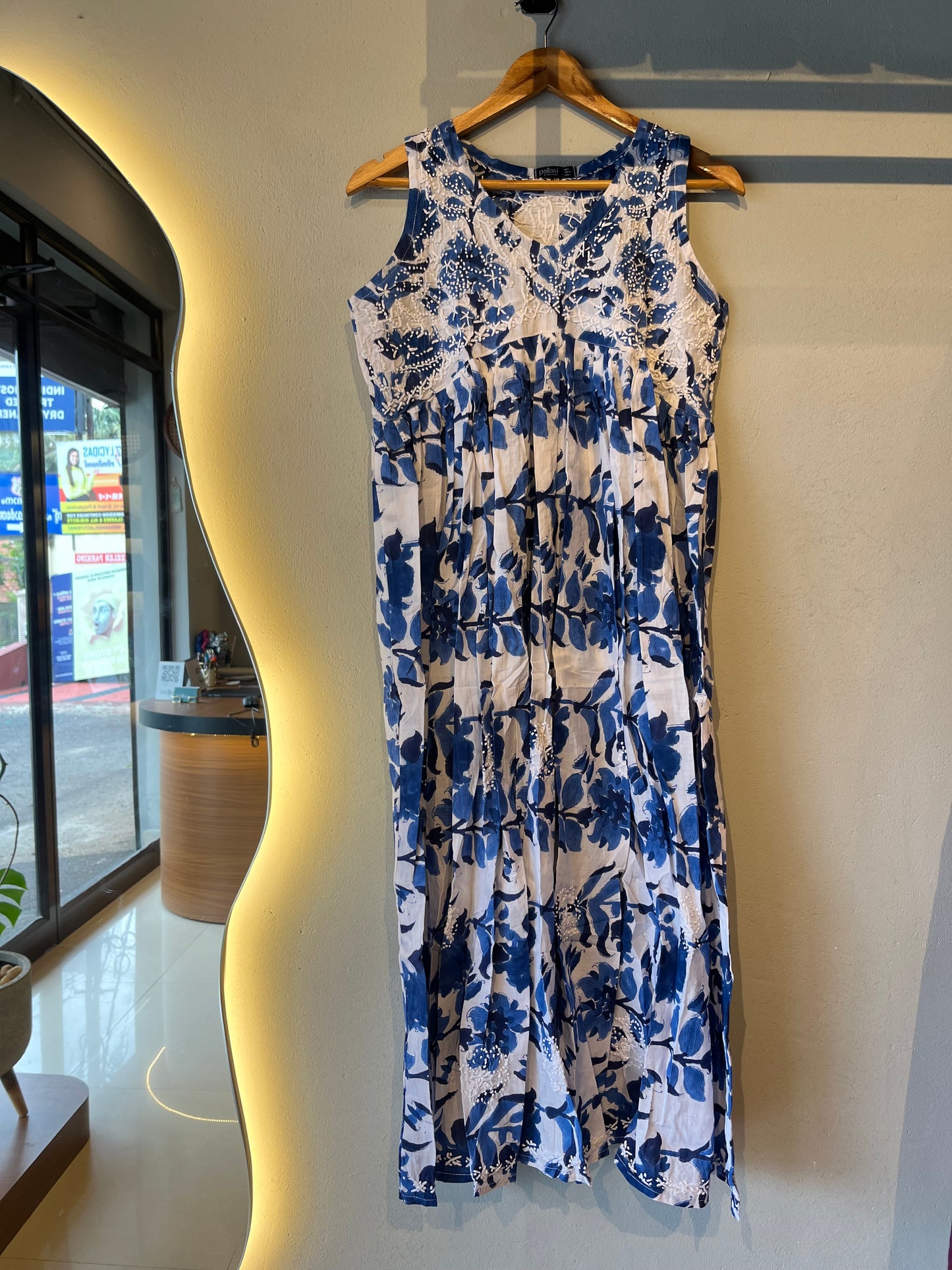 Sleeveless Aliya cut dress (with work on front and back) - Floral Blue