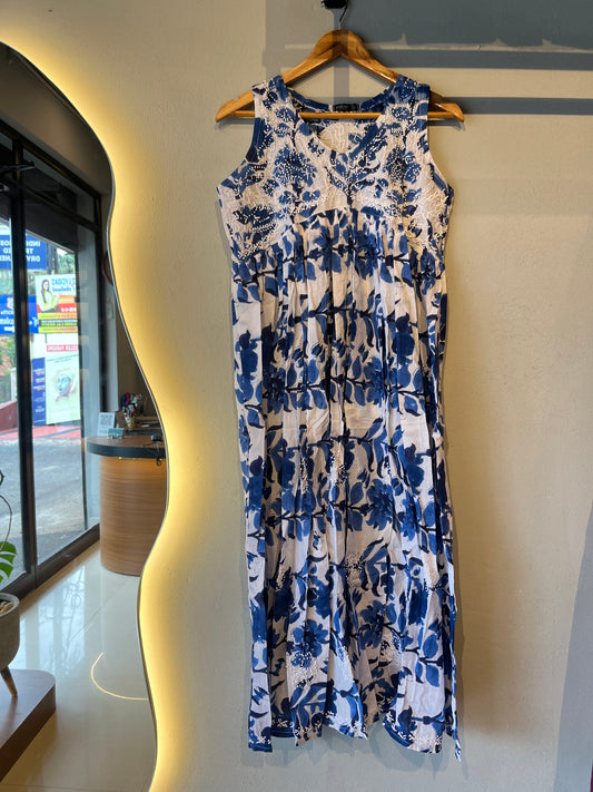 Sleeveless Aliya cut dress (with work on front and back) - Floral Blue
