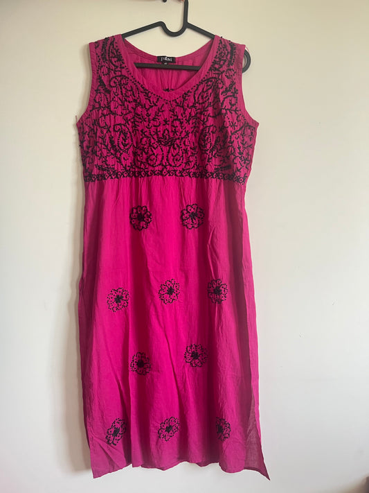 Sleeveless Straight Kurti and Pant (co-ord set) PRE-ORDER - Black knots on Hot Pink