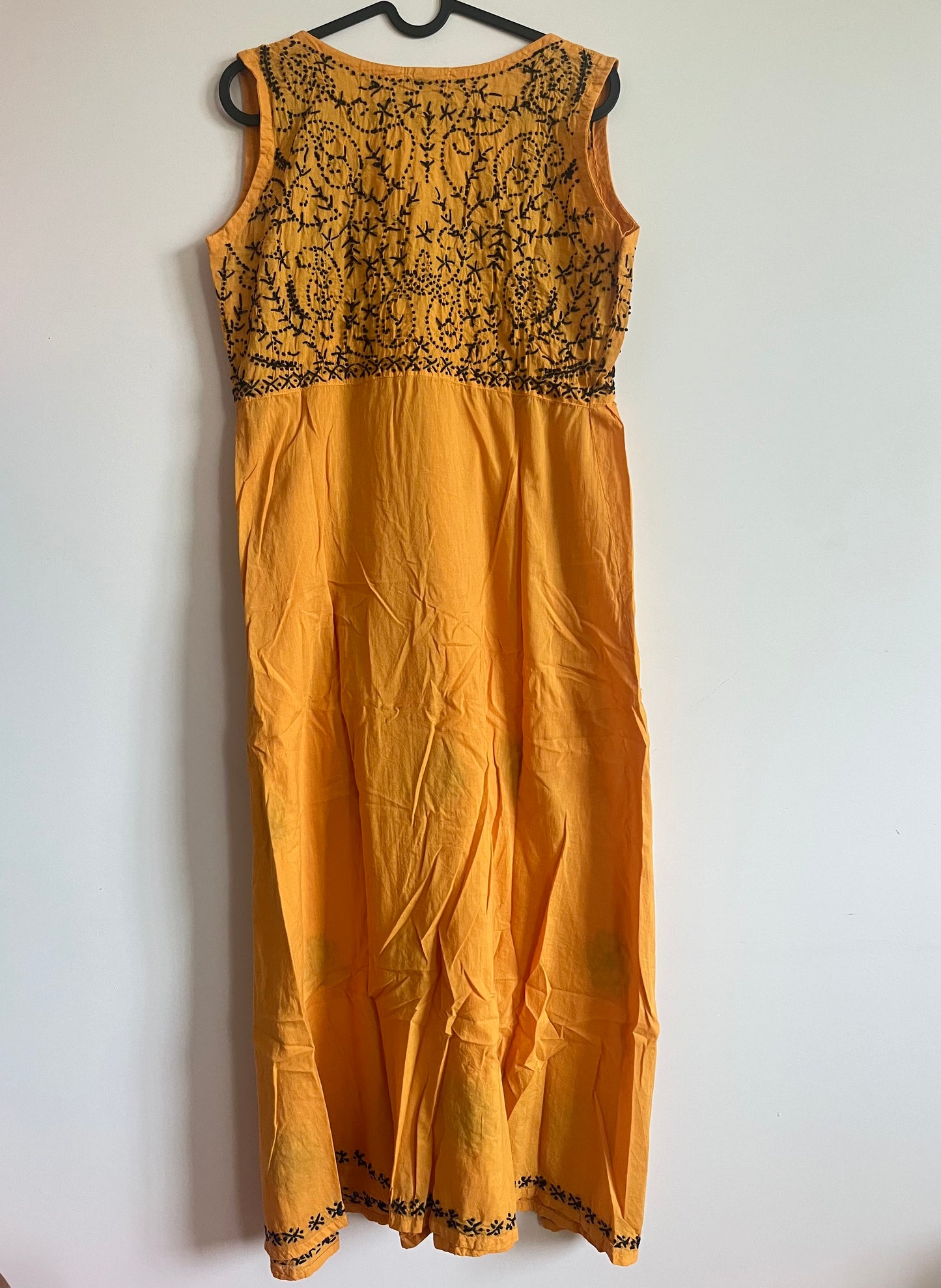 Sleeveless Aliya cut dress (with work on front and back)- Black knots on Mustard Yellow