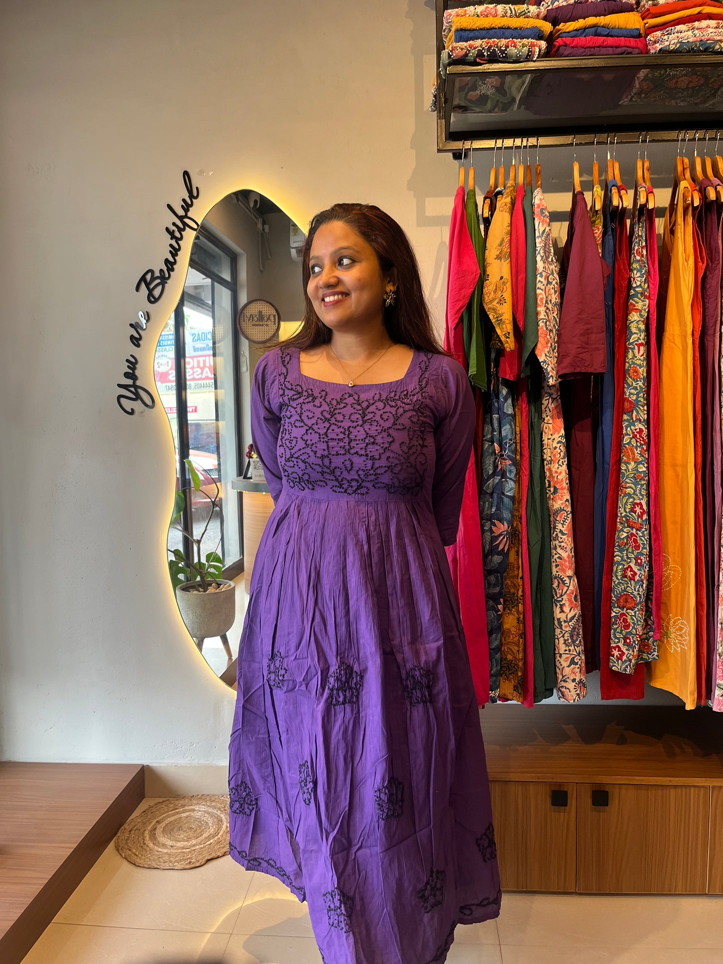Pleated dress -Black knots on Indigo