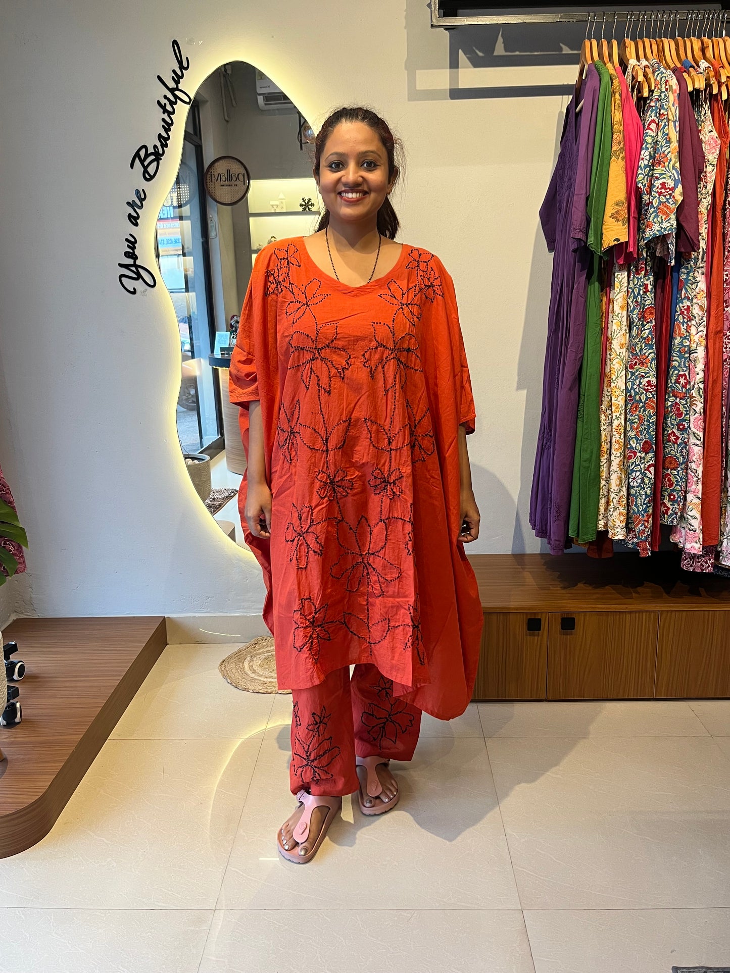 Kaftan top and pant - Black knots on Rust Orange