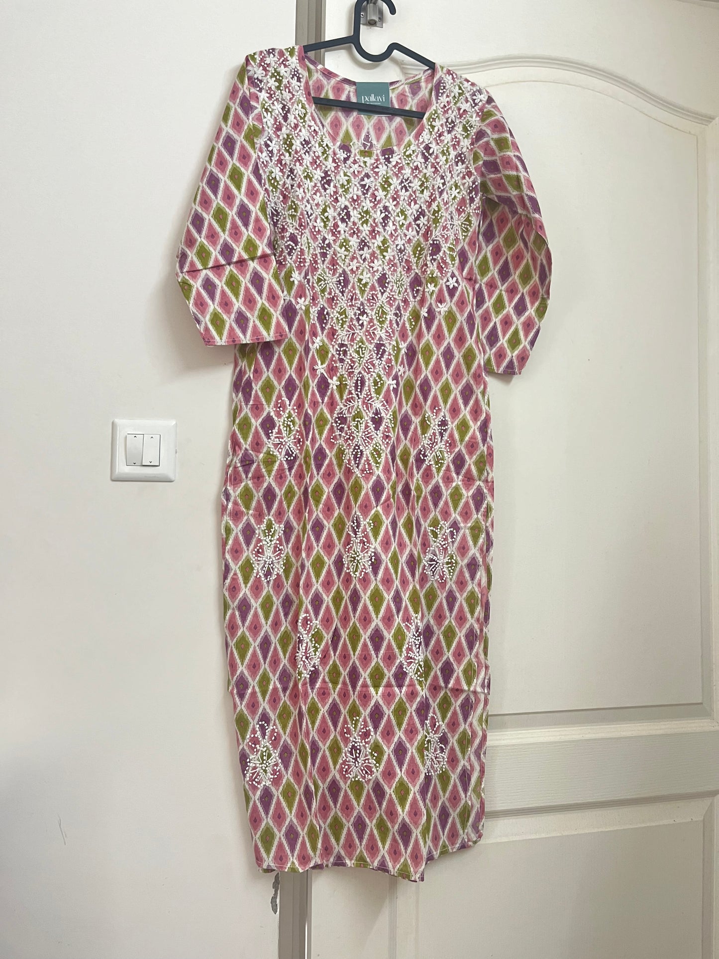 Straight Kurti Printed - Ikkat Pink Green