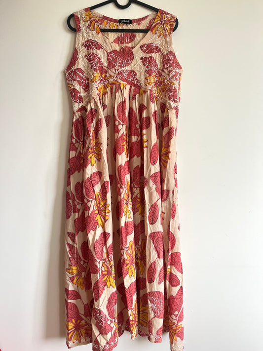 Sleeveless Aliya cut dress (with work on front and back) - Ajrakh Peach Red