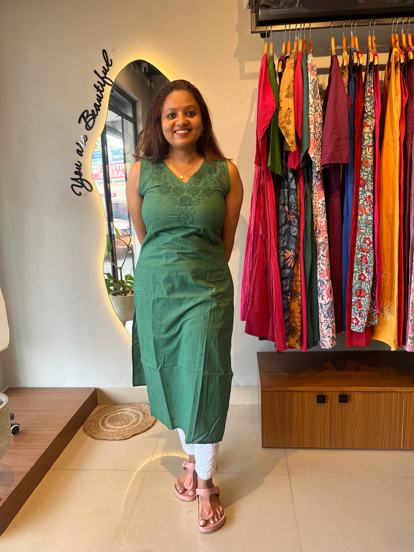 Sleeveless Straight Kurti - Bottle green
