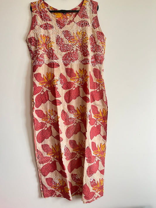 Straight Kurti and pant (Sleeveless) - Ajrakh Peach Red