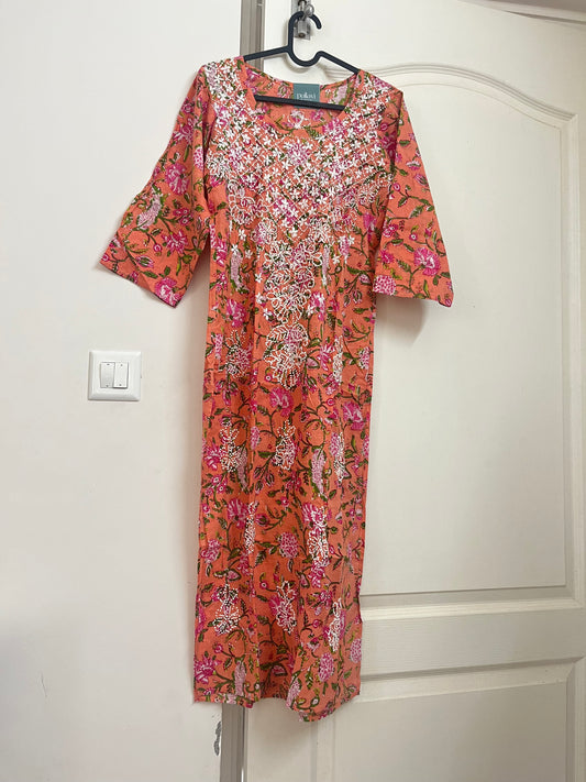 Straight Kurti Printed - Floral Orange