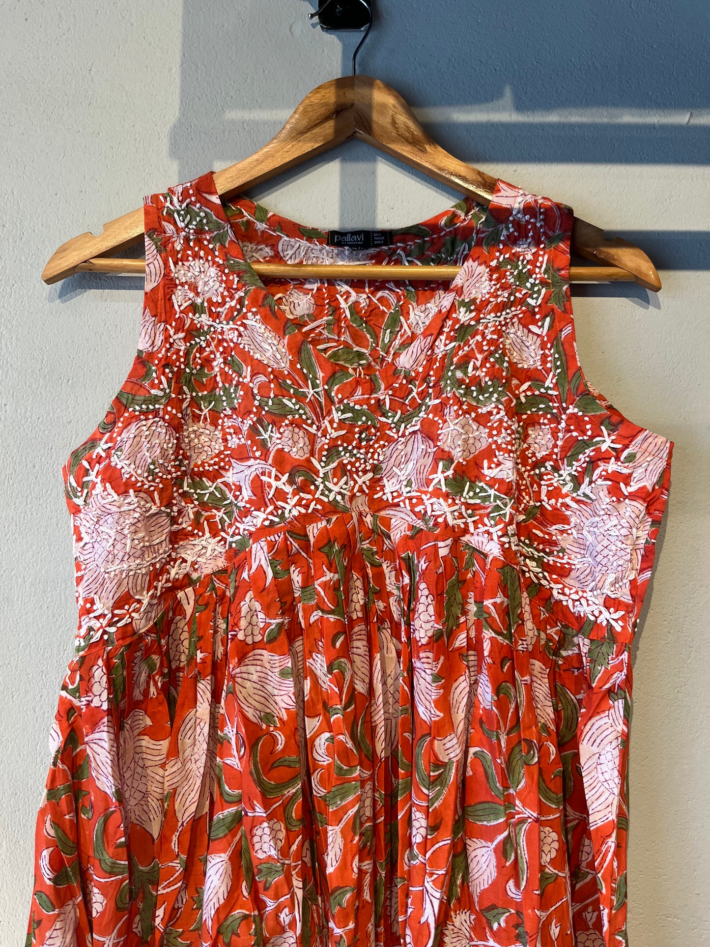 Sleeveless Aliya cut dress (with work on front and back) - Floral Orange