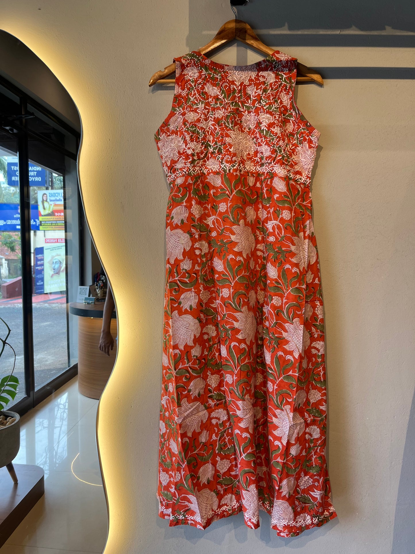Sleeveless Aliya cut dress (with work on front and back) - Floral Orange