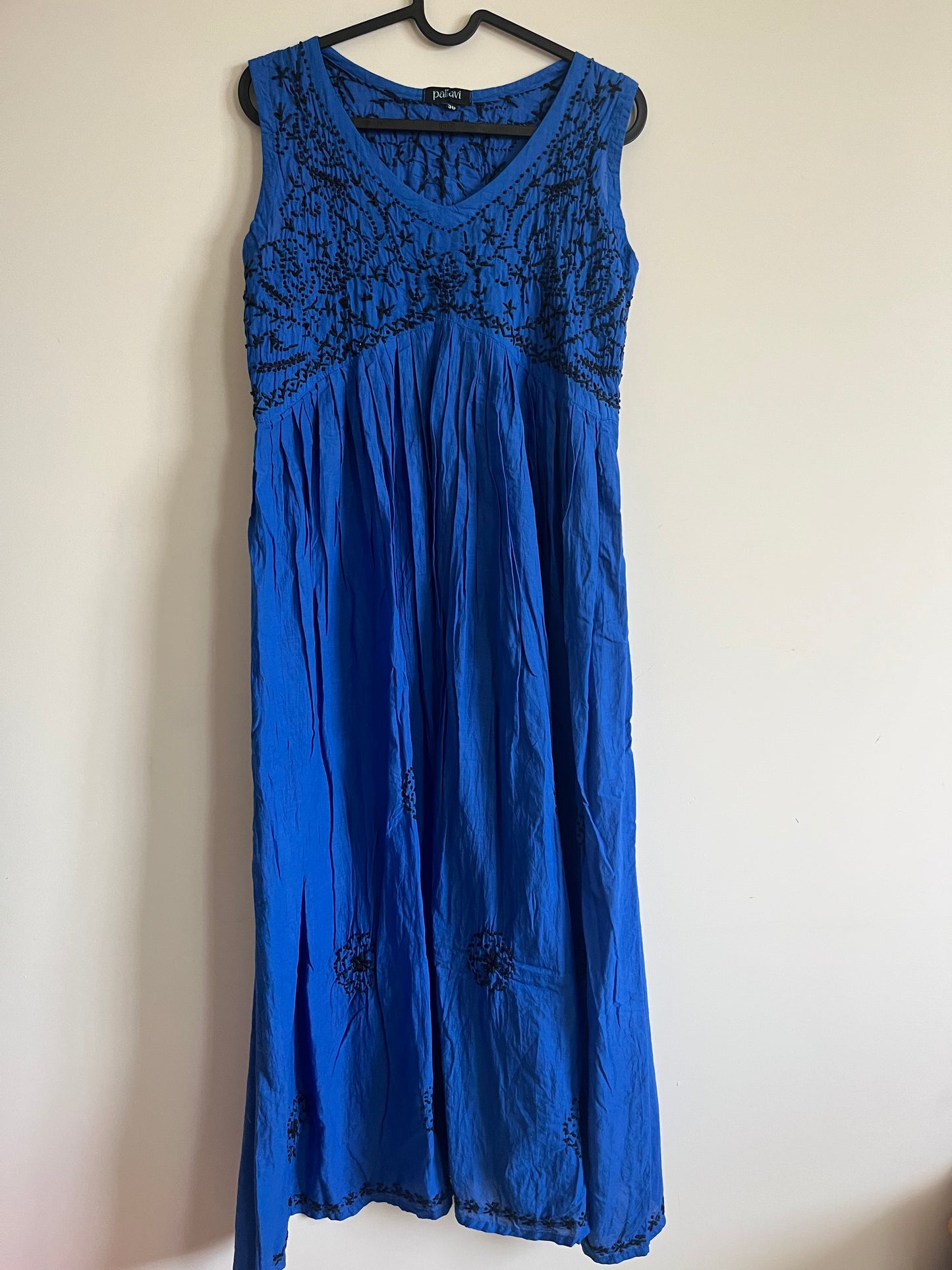 Sleeveless Aliya cut dress PRE-ORDER - Black knots on Royal Blue (with work on front and back)
