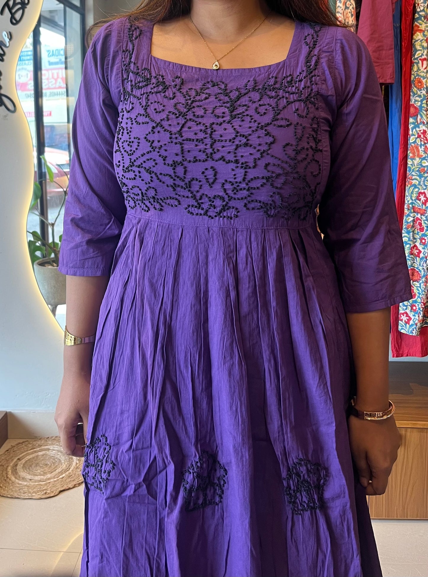 Pleated dress -Black knots on Indigo