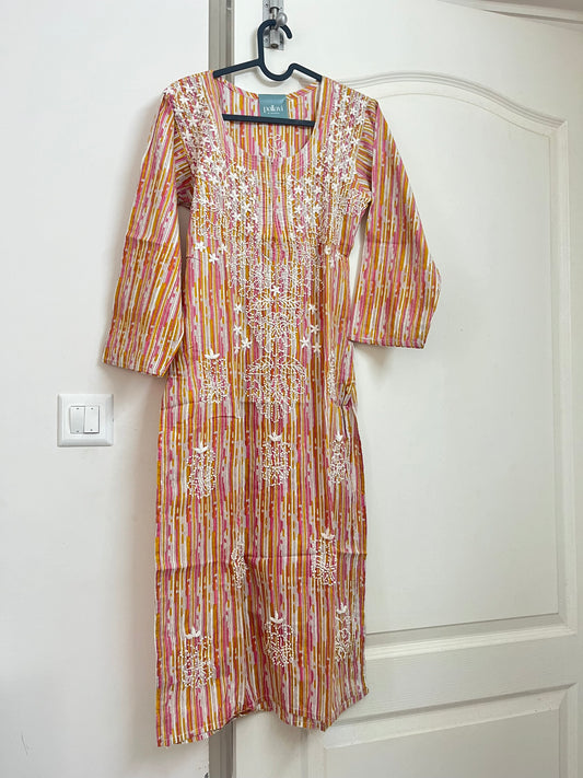 Straight Kurti Printed - Yellow Pink Stripes