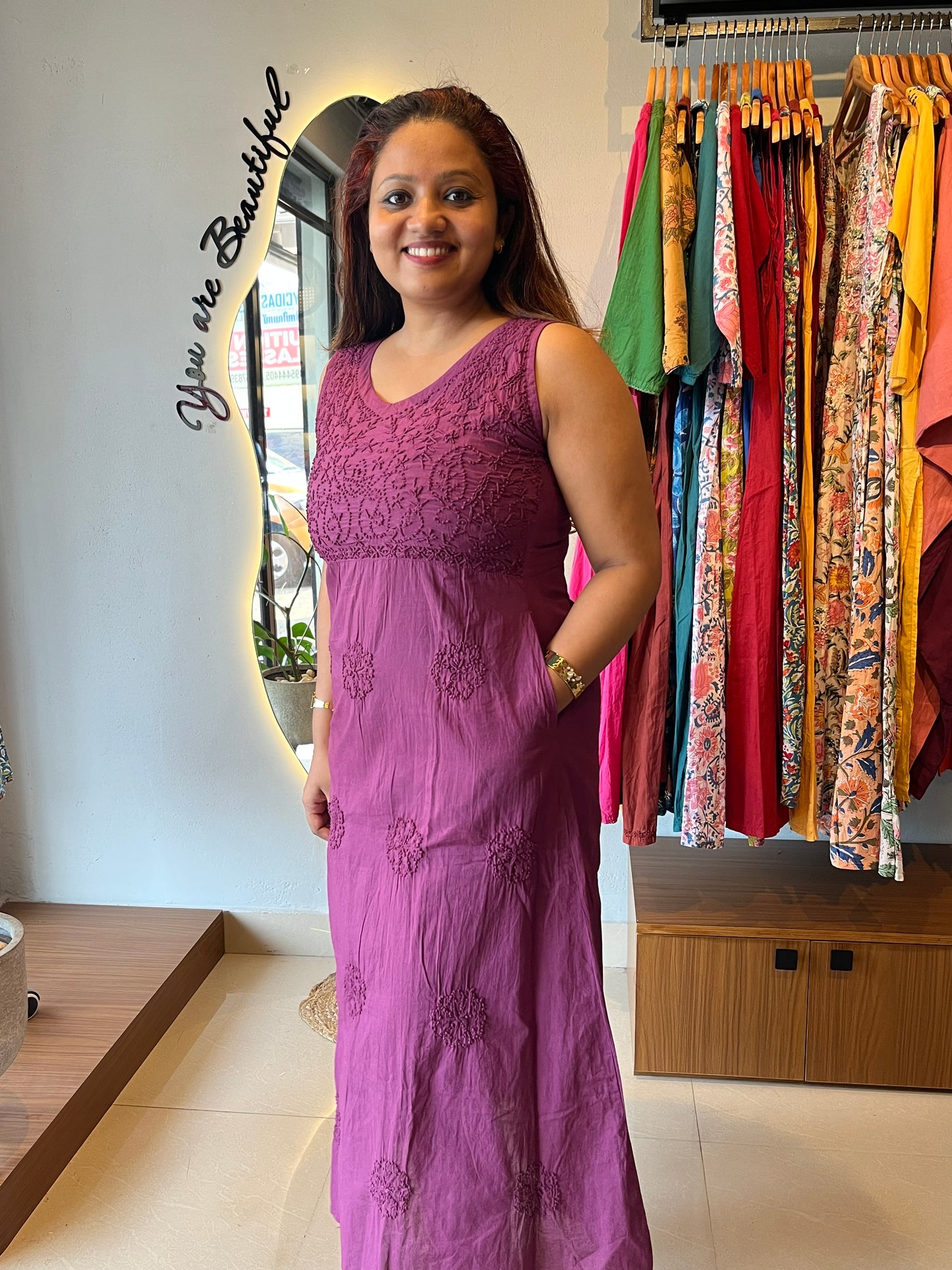 Sleeveless A-line Dress - Wine