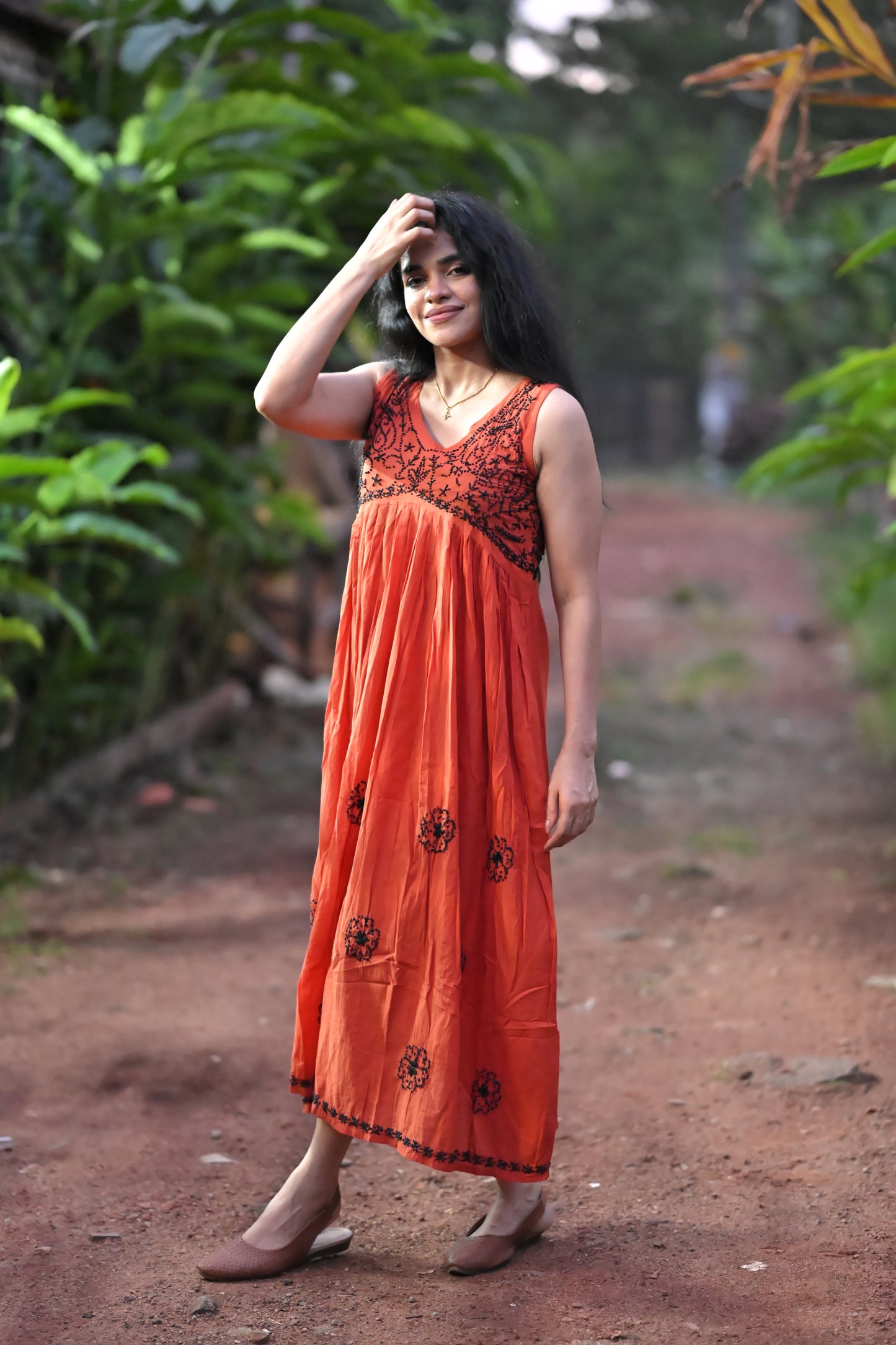 Sleeveless Aliya cut dress PRE-ORDER -Black knots on Dark Rust Orange (with work on front and back)