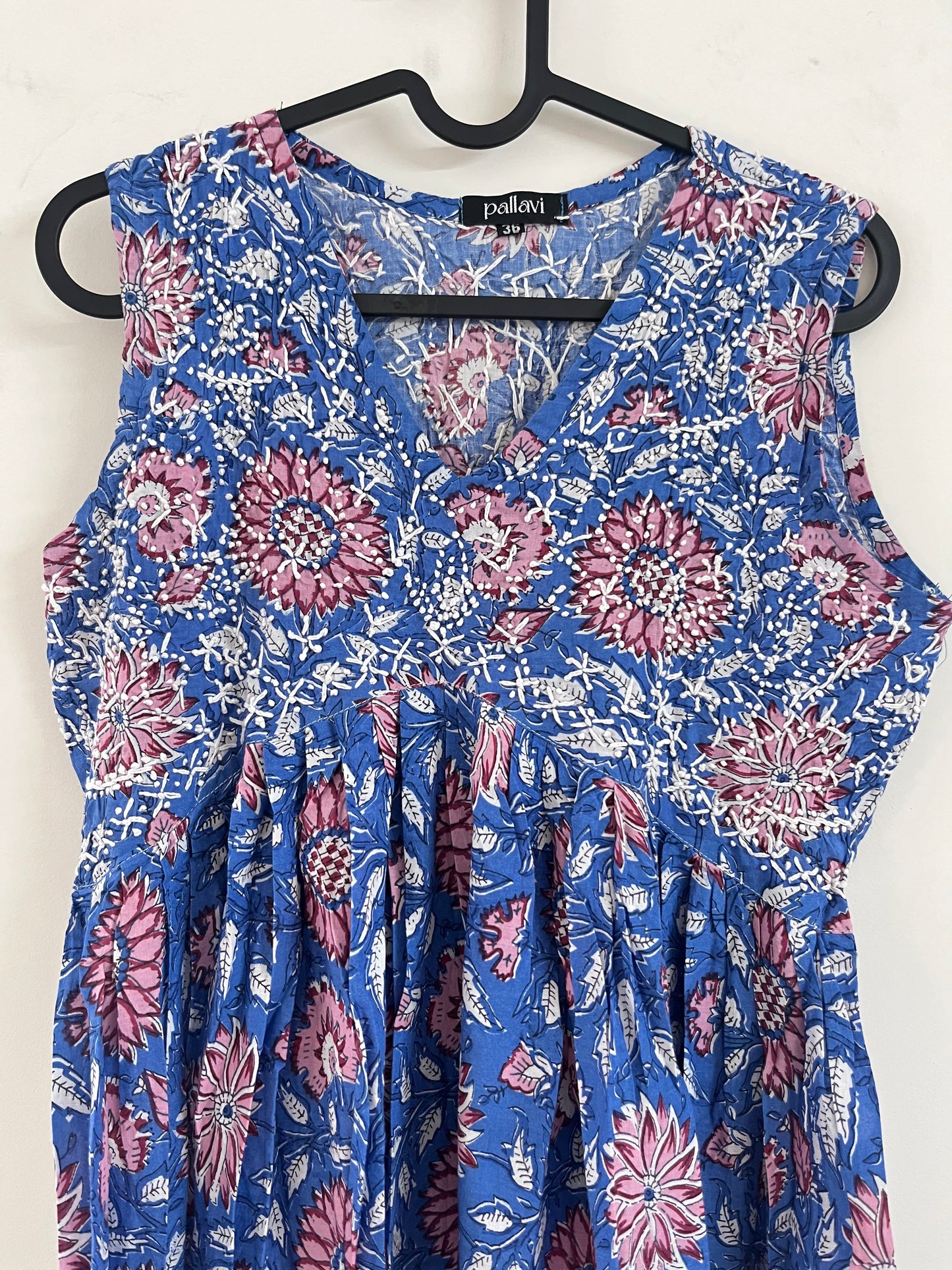 Aliya Cut Sleeveless (with work on front and back) - Floral Blue Pink