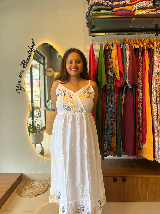 Garden whispers Dress - White with colorful thread