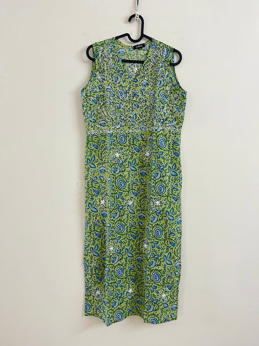 Straight Kurti Sleeveless - Floral Pista Green