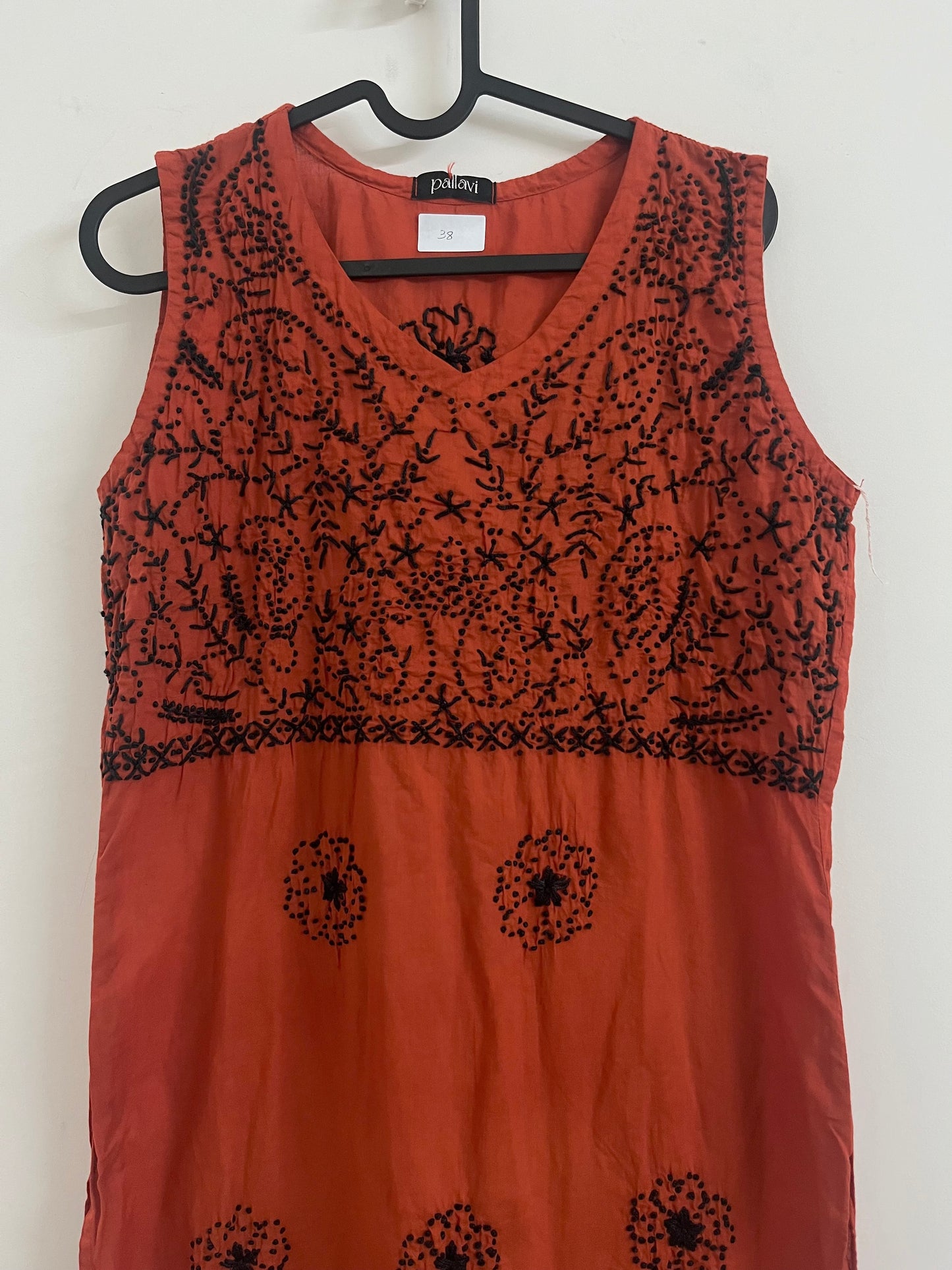 Sleeveless Straight Kurti and Pant (co-ord set) - Black knote on Dark Rust Orange