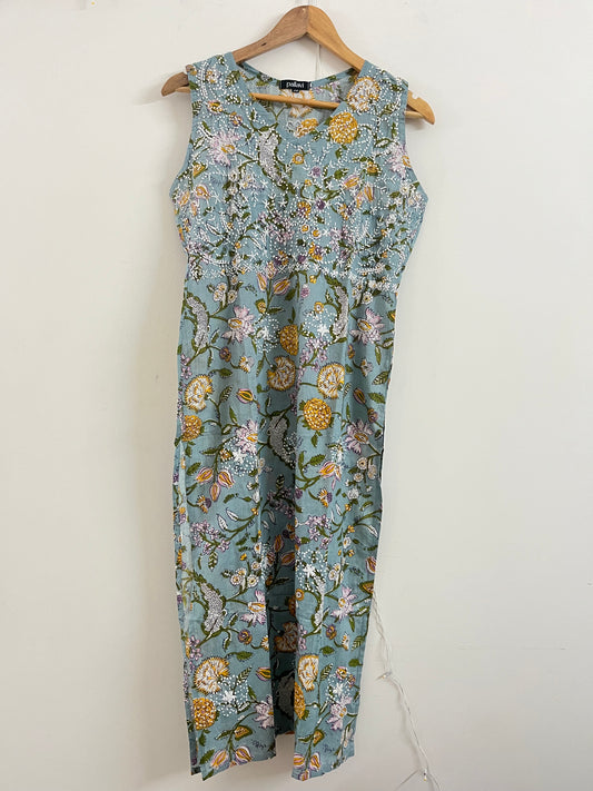 Straight Kurti and pant (Sleeveless) - Floral Grey green