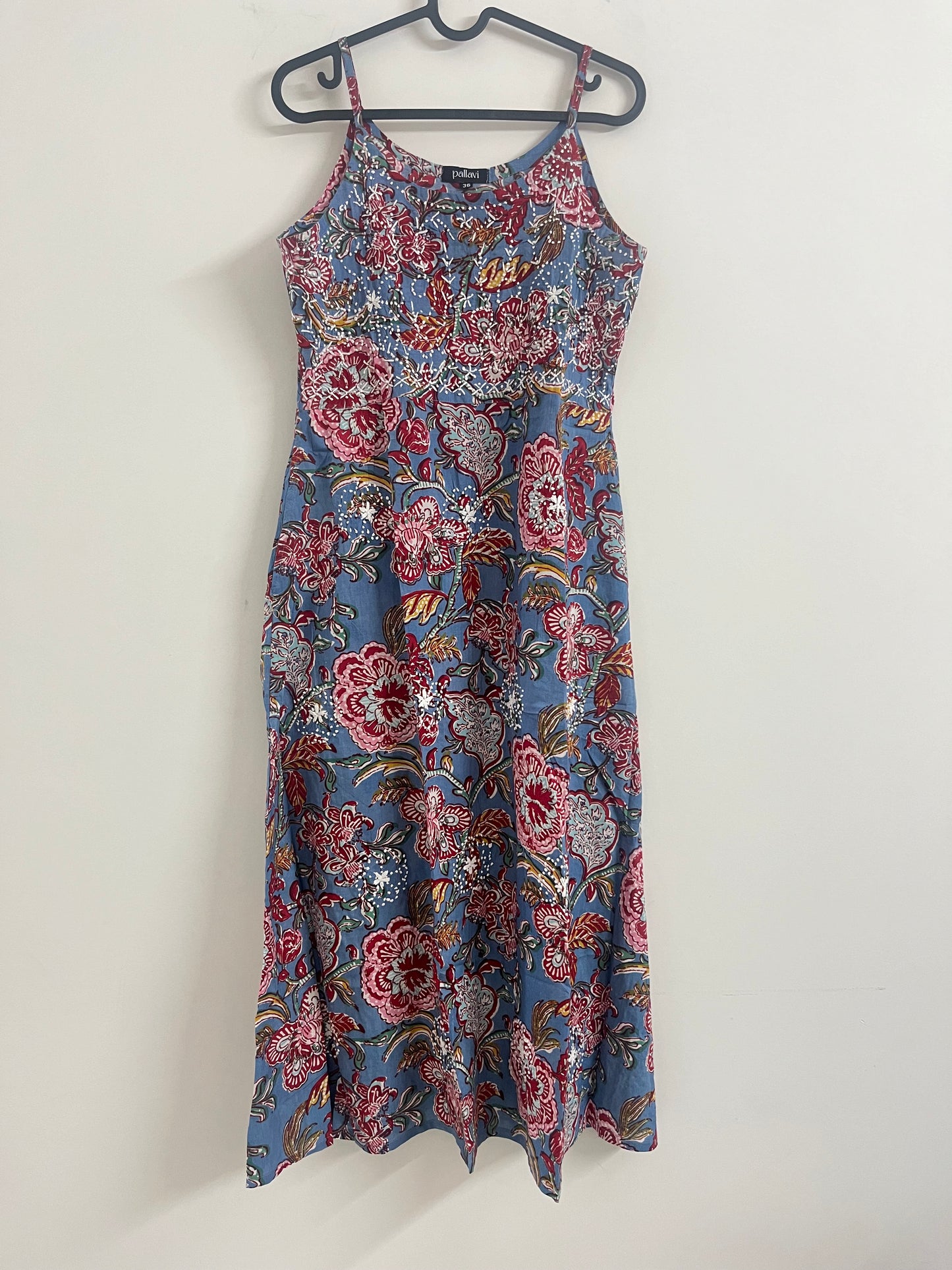 Sleeveless A-line Dress - Floral Skyblue Red