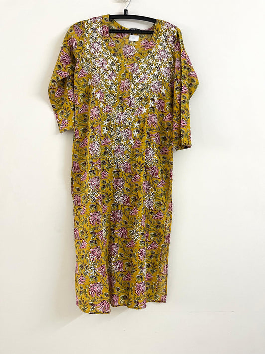 Straight Kurti Printed - Floral Mustard Yellow 1