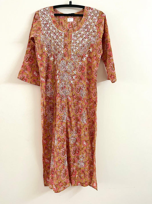 Straight Kurti and pant - Floral Peach Orange