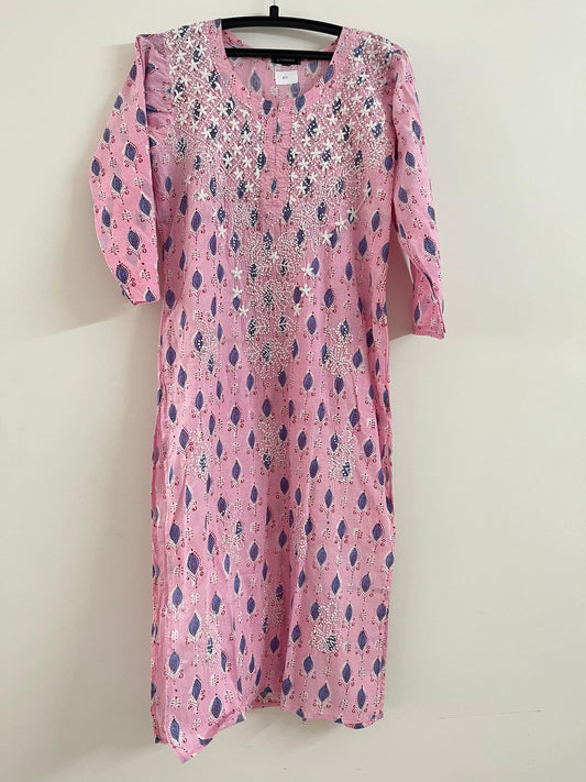 Straight Kurti and pant - Pink Blue Block