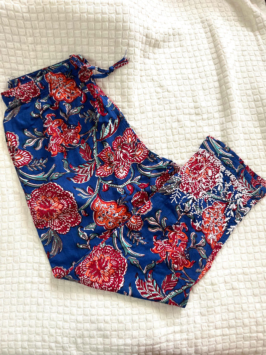 Printed Pants - Floral Blue Red