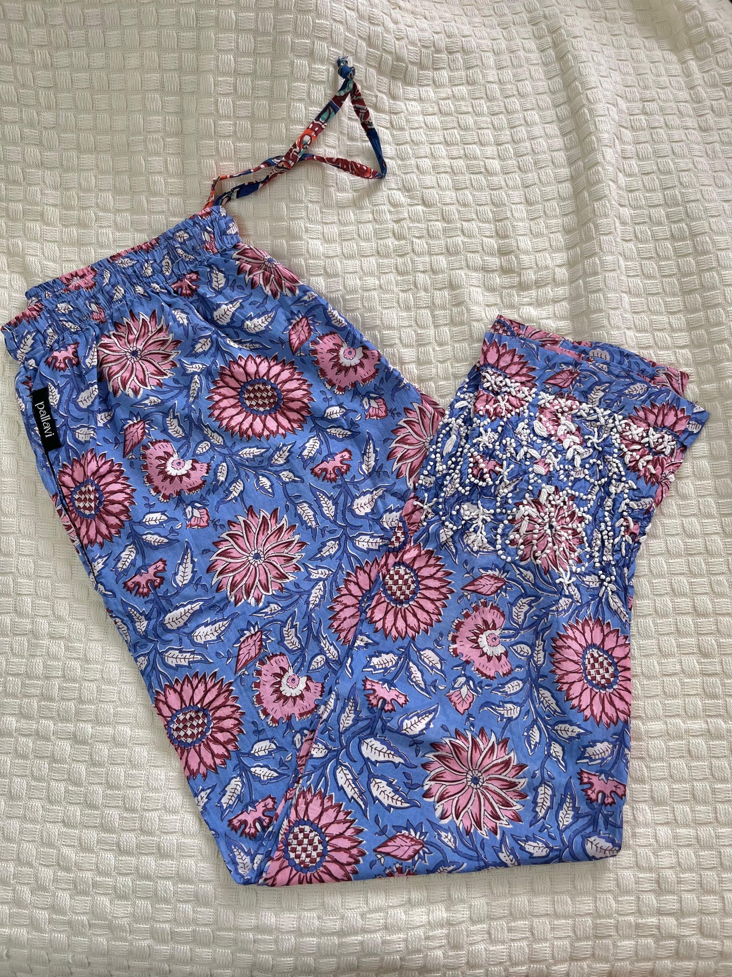 Printed Pants - Floral Blue Pink
