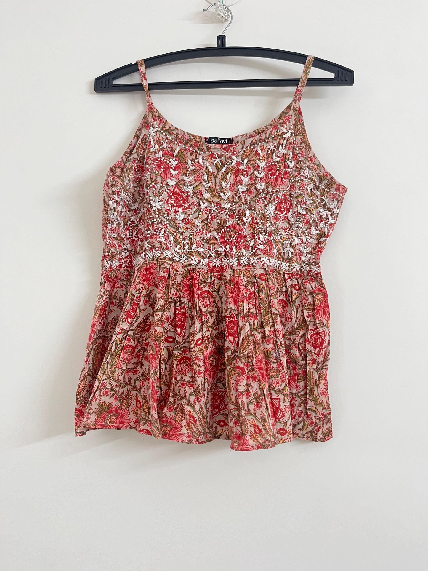 Flared Short Top - Floral Peach Red