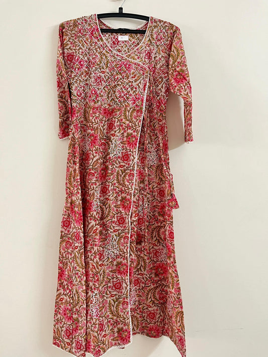 Angrakha Kurti and pant PRE-ORDER - Floral Peach Red