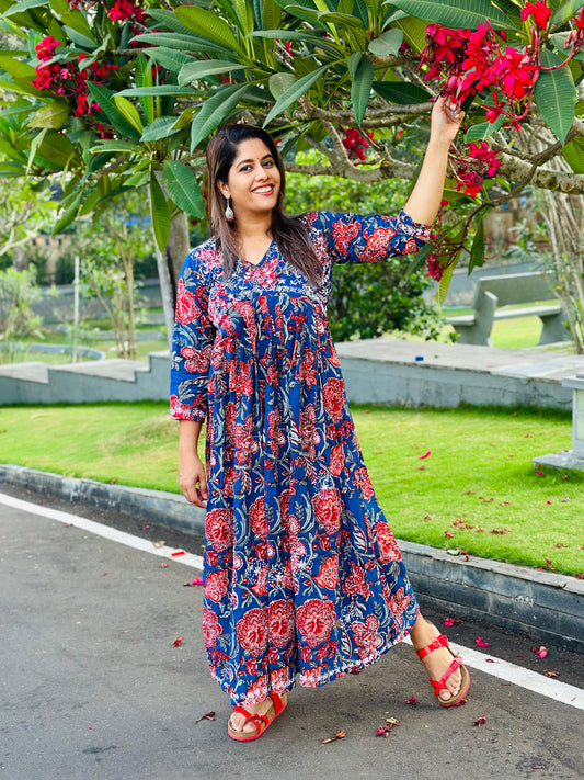 Aliya Cut Dress PRE-ORDER - Floral Blue Red