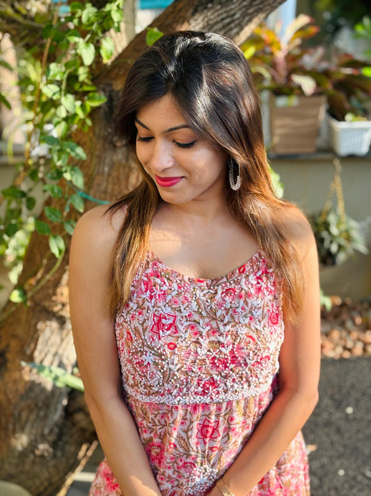 Sleeveless A-line Dress PRE-ORDER - Floral Peach Red