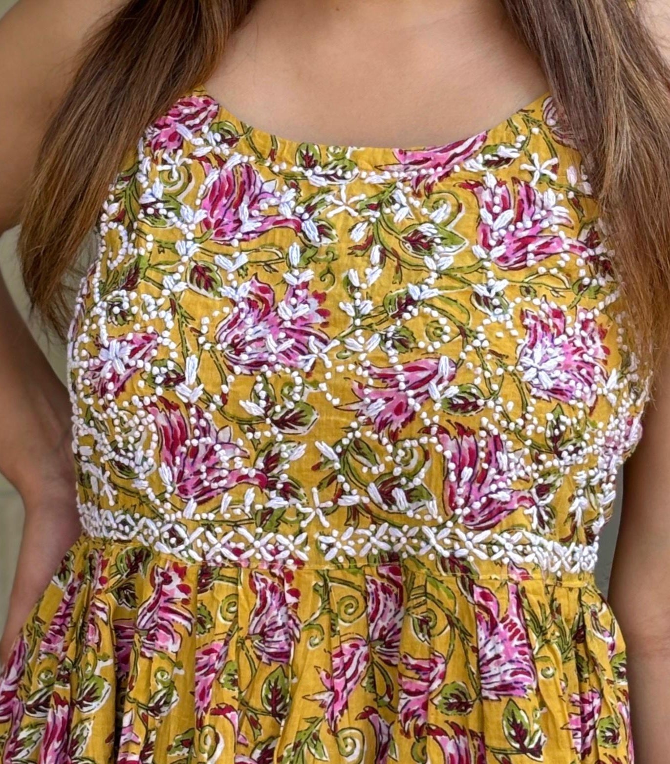 Flared Short Top - Floral Mustard Yellow 1